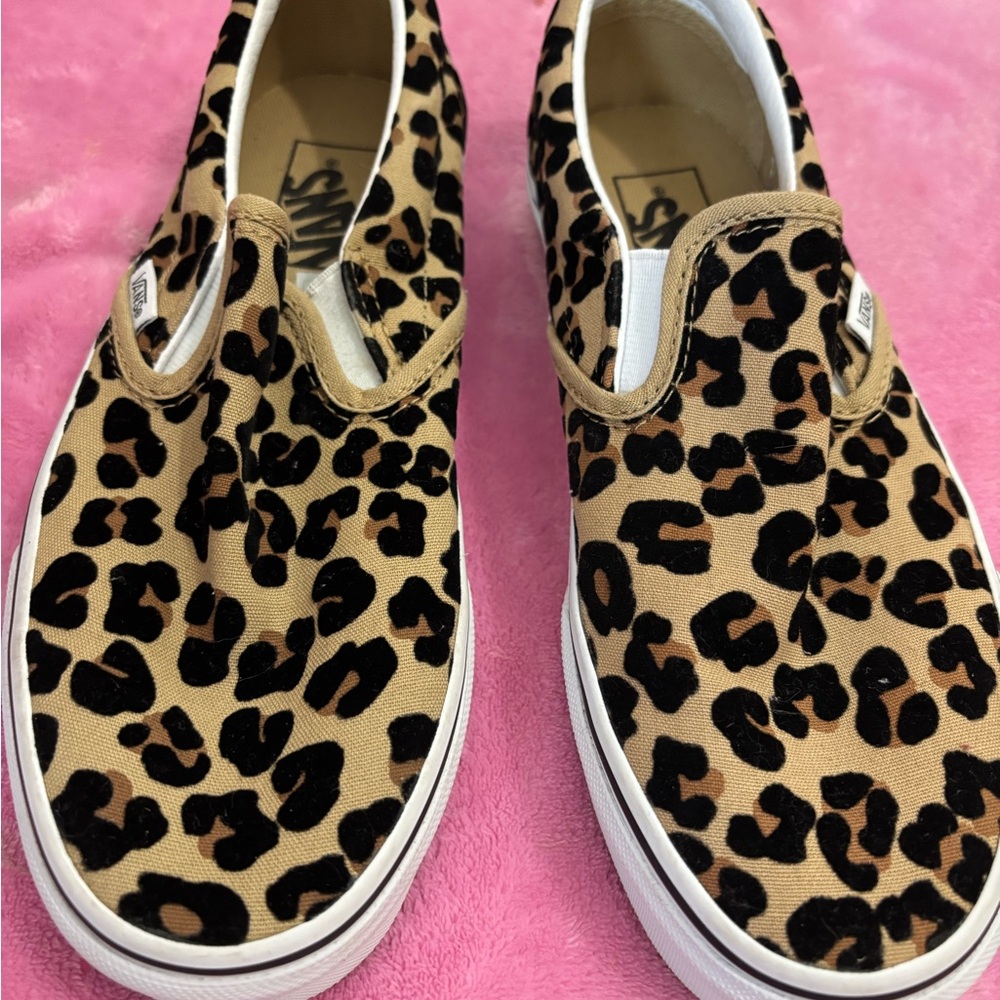 Vans Tan and Black Leopard Slip-Ons